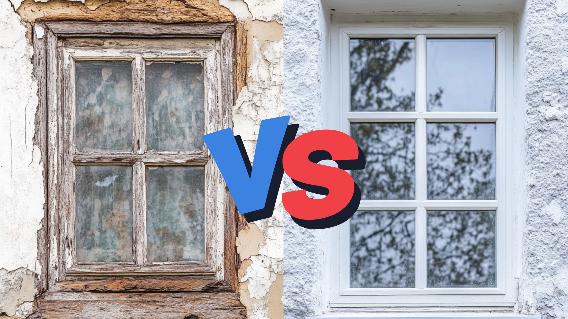 Window replacement comparison showing old weathered wooden window vs modern white window with VS graphic