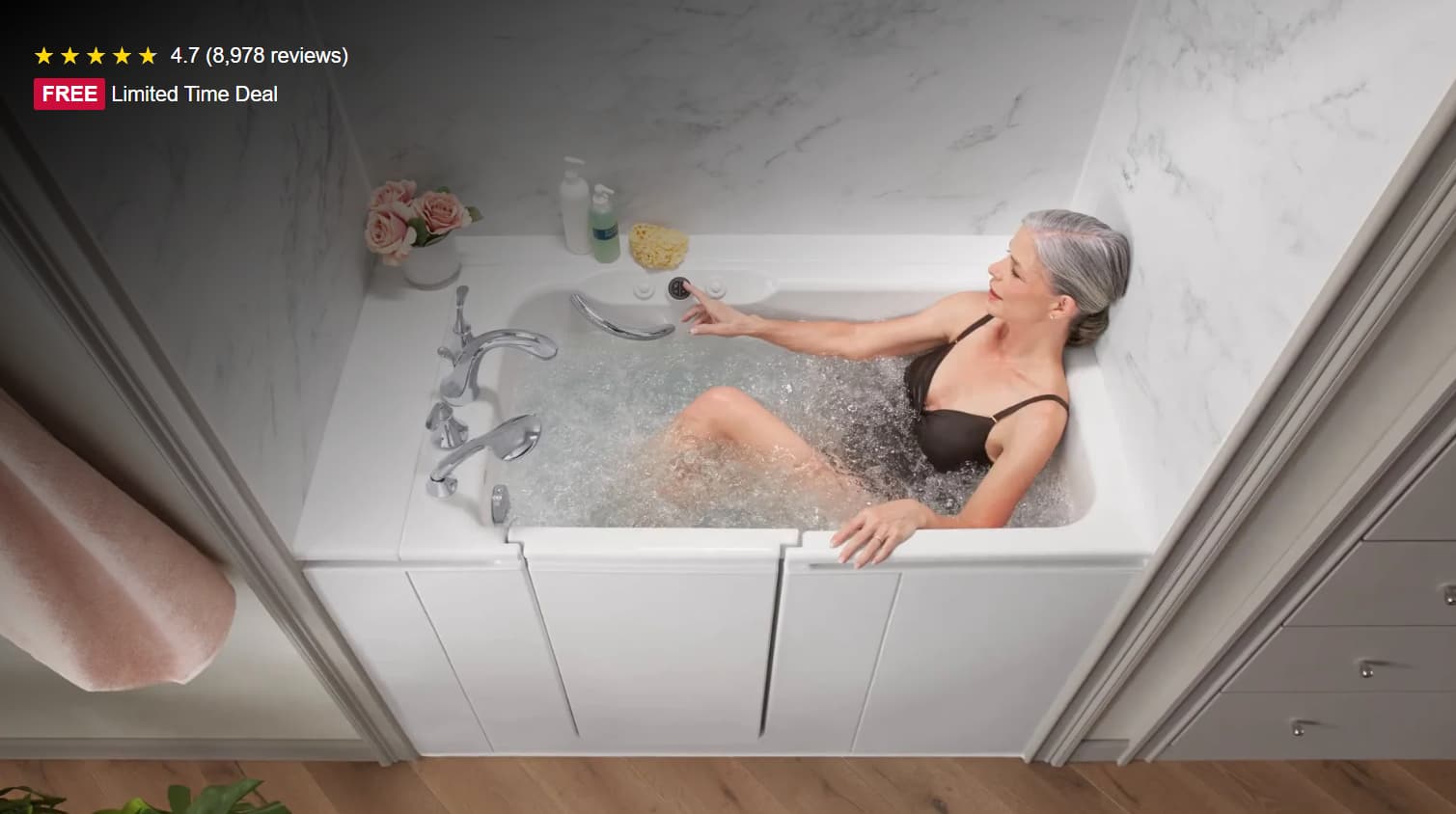 Senior woman with gray hair relaxing in luxury walk-in bathtub with hydrotherapy jets and 5-star reviews